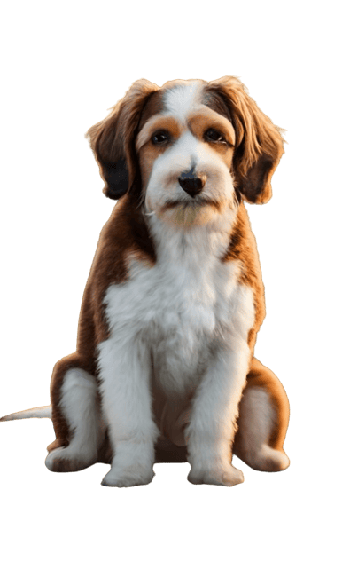 A brown and white Bassetoodle sitting on a black background.