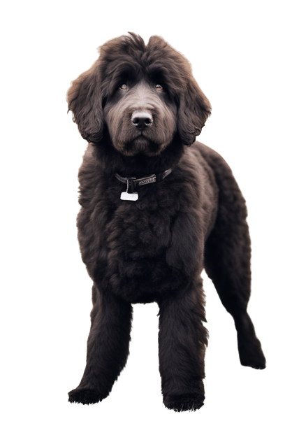 A black Newfypoo dog standing on a black background.