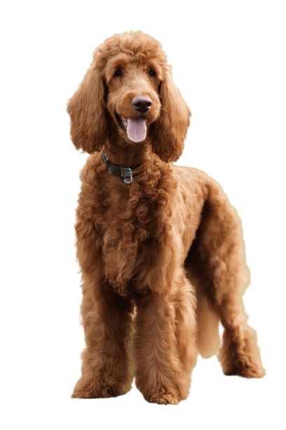 A brown Irish Doodle standing on a white background.