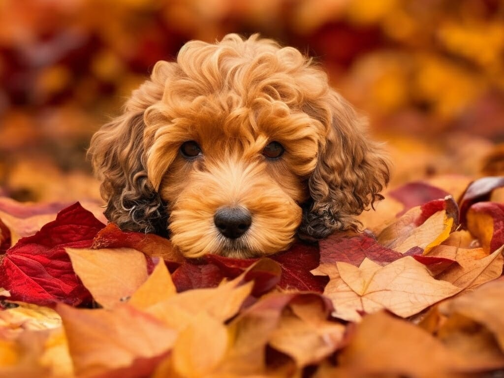 A Cockapoo peeking via Autumn leaves