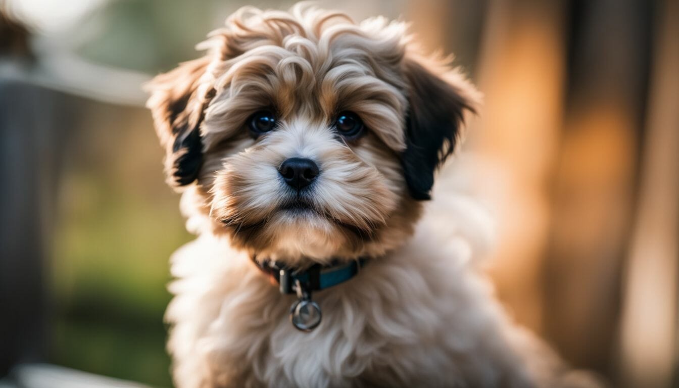 A small brown and white dog is sitting on a bench.