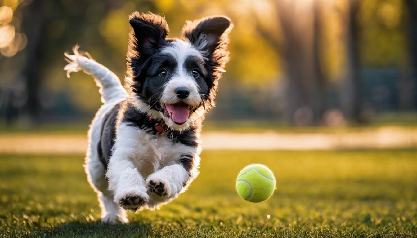 A black and white dog running with a tennis ball.