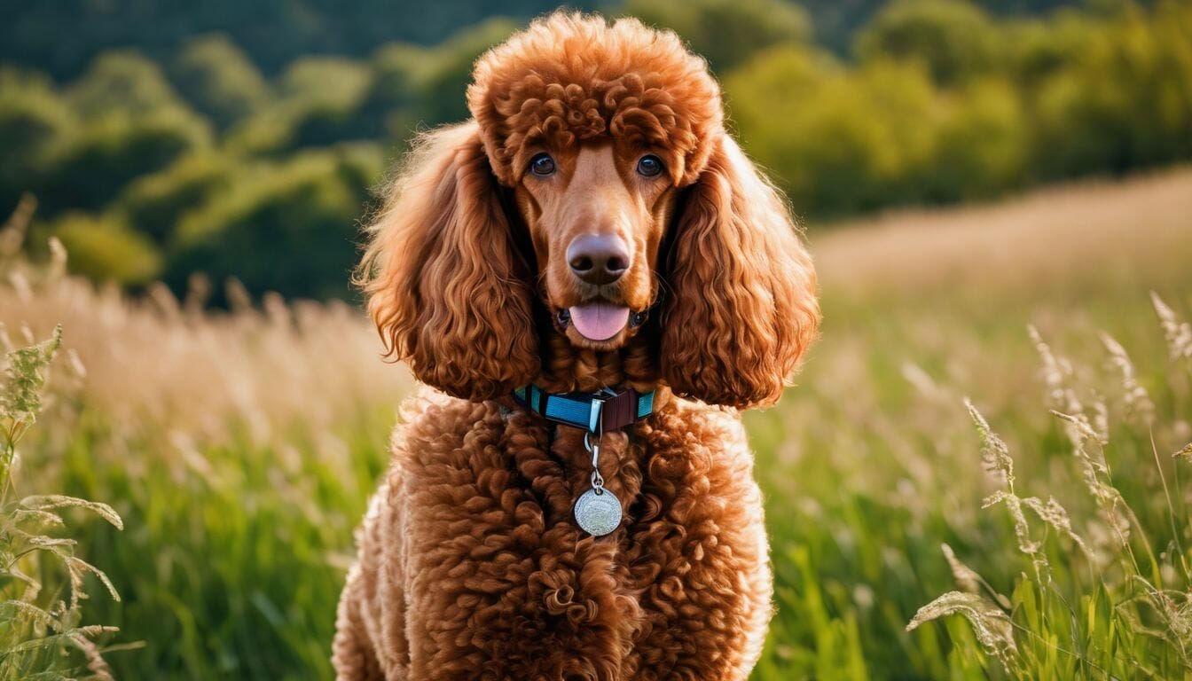 A brown poodle standing in a field.